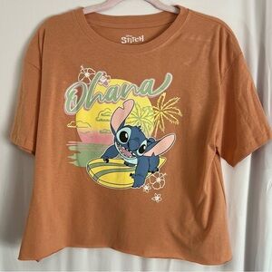 DISNEY, STITCH TEE SHIRT, Logo Front & Back, Adult L, Peach/Coral, Cropped Ohana